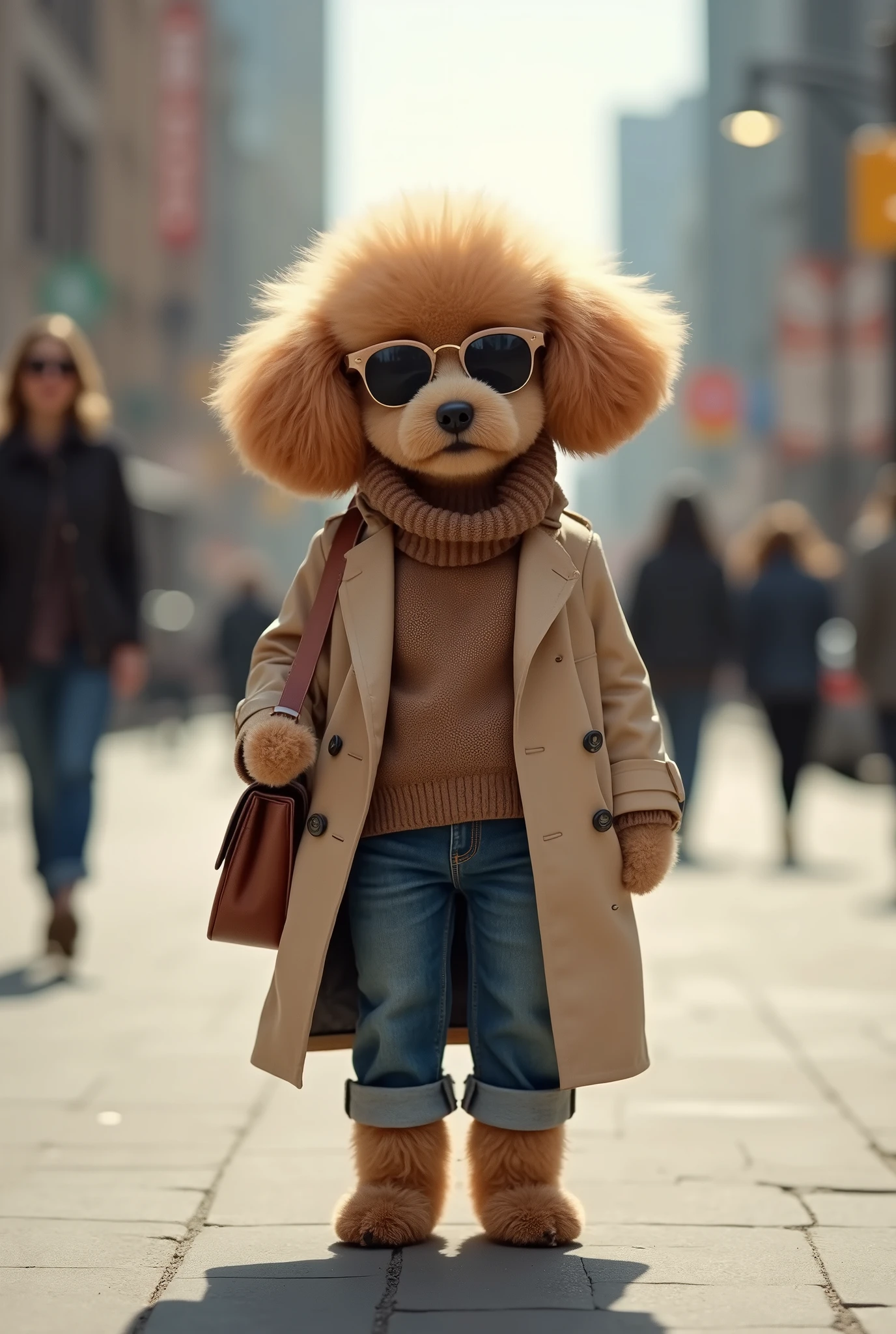 An ultra-realistic image of a Poodle puppy standing on an urban sidewalk. The puppy is dressed in fashionable, human-style clothing: a beige trench coat over a cozy, high-neck brown sweater, with rolled-up denim jeans. The puppy is also wearing round sunglasses and holding a brown leather handbag. The background features a modern cityscape with tall buildings, streetlights, and blurred figures walking in the distance. The overall scene is set in soft daylight, capturing the stylish and sophisticated vibe of a high-fashion street style.