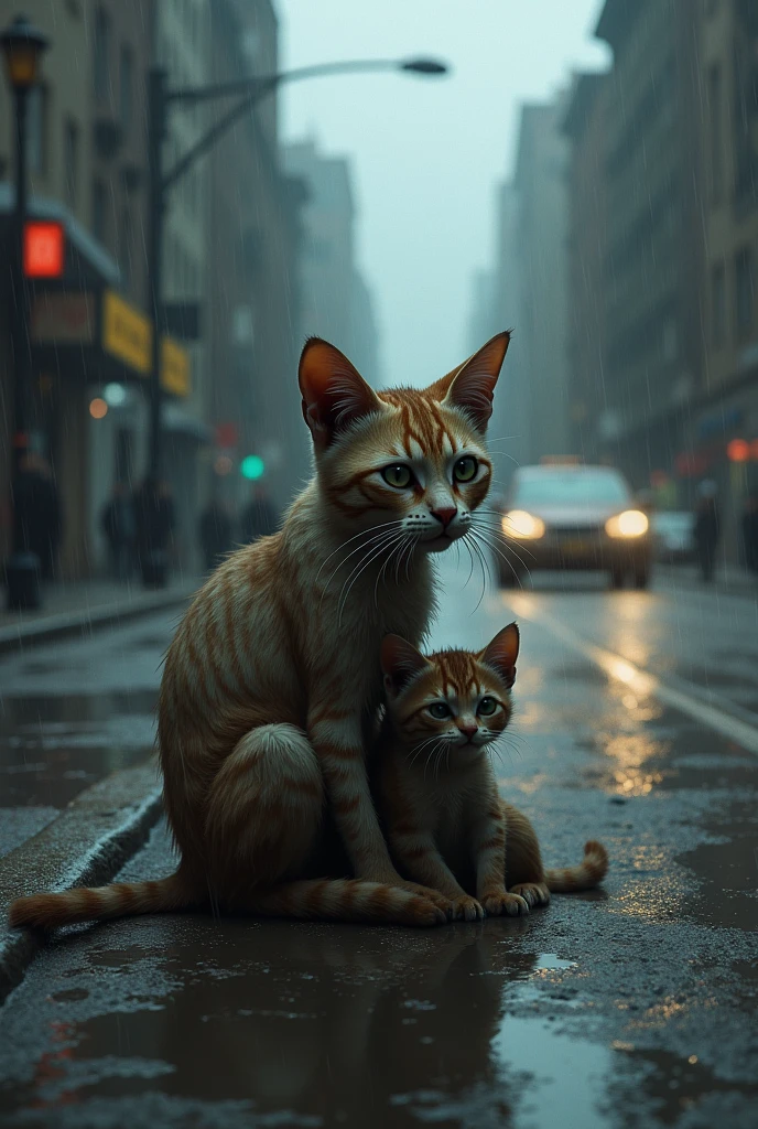A gloomy scene of a stray cat with a dirty little kitten, sitting in the rain on a city road. The cat is begging for food to a passerby. There is a car splashing water, wetting the street. The background contains buildings. Wet fur