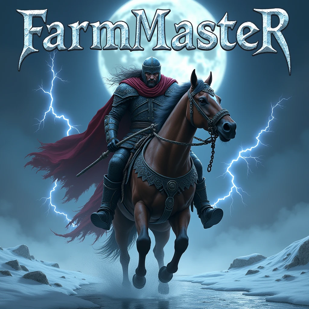 A realistic photograph of a male warrior, wearing iron and cloth armor and an intimidating helmet. He grabs a scythe like weapon with determination, he charges on the ice with his horse, as vibrant lightning flashes around him, enhancing his fierce pose. The name “FarmMasteR” is displayed prominently in gothic letters behind him, illuminated by the glow of the moon.