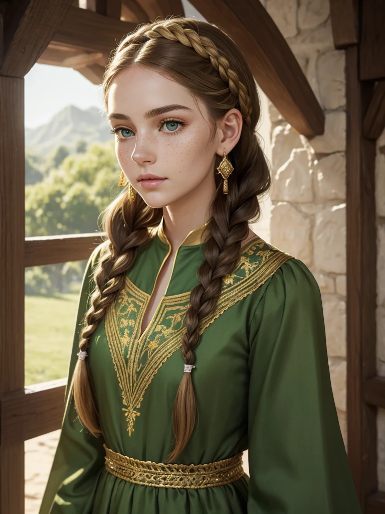 Young woman, full height. Long, oval-shaped face, thin cheeks. Small, neat mouth. Soft green eyes. Very thin eyebrows. Golden freckles on her face. Pale skin. Long, light brown hair, braided in a braid, on her head a headband of braids. Gold earrings in her ears. Dressed in a long, green dress, similar to medieval, the sleeves of the dress narrowed, closer to the hands free, the neckline is small, a lot of details on the paltier, gold embroidery.
