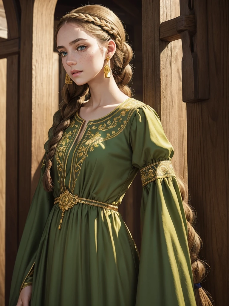 A young woman, full-length. Elongated, oval-shaped face, thin cheeks. Small, neat mouth. Soft green eyes. Very thin eyebrows. Golden freckles on her face. Pale skin. Long light brown hair, touseled in twist of braids on top of her head, a headband of braids. Gold earrings in her ears. Dressed in a long, green dress, similar to a medieval dress, the sleeves of the dress are tapered, closer to the arms are free, the neckline is small, a lot of details on the paltier, gold embroidery.