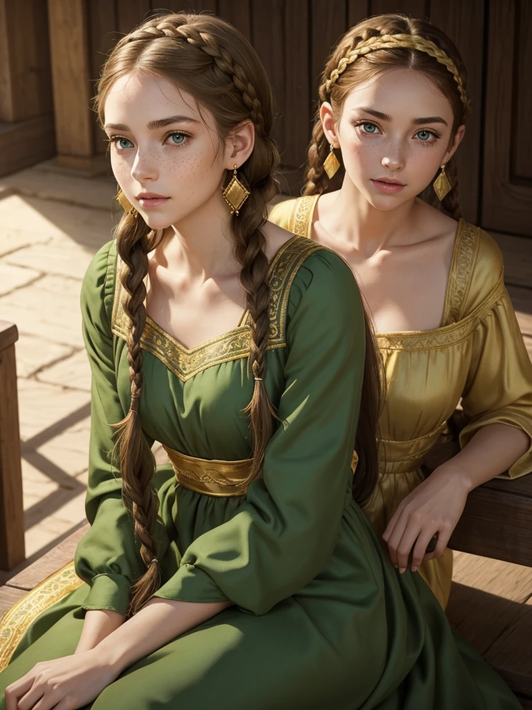 Young woman, full height. Long, oval-shaped face, thin cheeks. Small, neat mouth. Soft green eyes. Very thin eyebrows. Golden freckles on her face. Pale skin. Long, light brown hair, braided in a braid, on her head a headband of braids. Gold earrings in her ears. Dressed in a long, green dress, similar to medieval, the sleeves of the dress narrowed, closer to the hands free, the neckline is small, a lot of details on the paltier, gold embroidery.