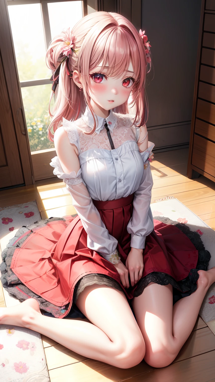 Girl Sakura Miko， white  shirt， Hats， black thighhigns， a garter belt， plaid skirts， Pink hair， Green eyes， ahoge， Low Twin Tails， 无袖， hair adornments， The reveal panties，Sit Pose，spread their legs