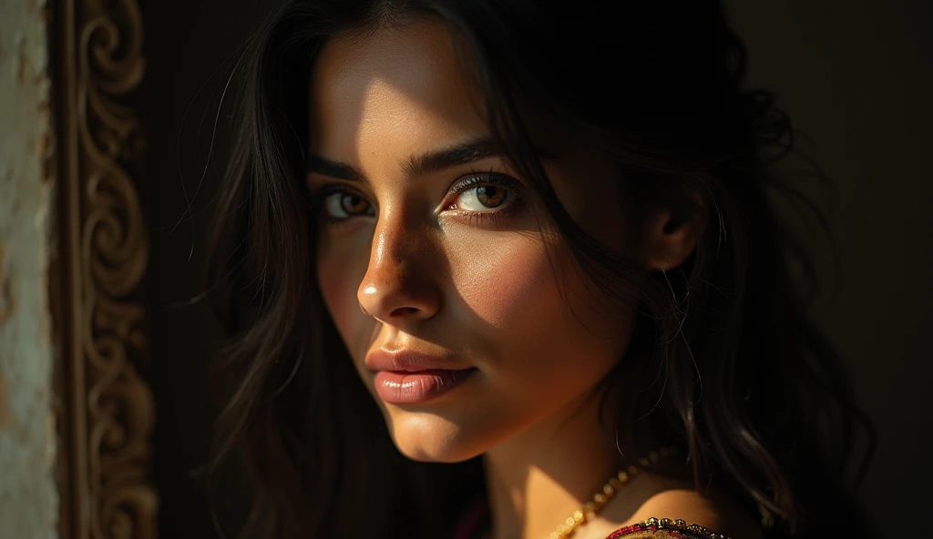 a beautiful mysterious Indian woman, Western fashion, intricate detailed face, piercing eyes, long eyelashes, delicate skin, natural beauty, flowing hair, candid elegant pose, dramatic lighting, cinematic mood, muted color palette, chiaroscuro lighting, high quality, photorealistic, 8k, intricate details, professional rendering
