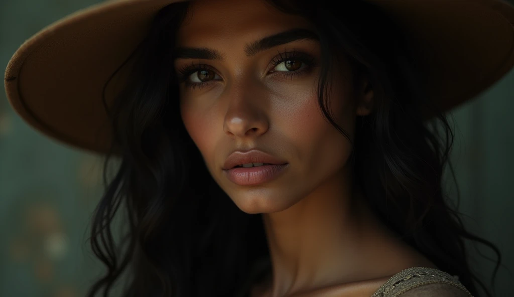 a beautiful mysterious Indian woman, Western fashion, intricate detailed face, piercing eyes, long eyelashes, delicate skin, natural beauty, flowing hair, candid elegant pose, dramatic lighting, cinematic mood, muted color palette, chiaroscuro lighting, high quality, photorealistic, 8k, intricate details, professional rendering
