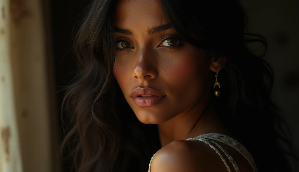 a beautiful mysterious Indian woman, Western fashion, intricate detailed face, piercing eyes, long eyelashes, delicate skin, natural beauty, flowing hair, candid elegant pose, dramatic lighting, cinematic mood, muted color palette, chiaroscuro lighting, high quality, photorealistic, 8k, intricate details, professional rendering