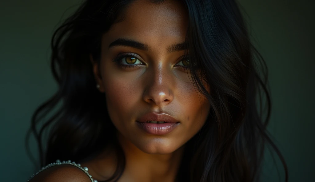 a beautiful mysterious Indian woman, Western fashion, intricate detailed face, piercing eyes, long eyelashes, delicate skin, natural beauty, flowing hair, candid elegant pose, dramatic lighting, cinematic mood, muted color palette, chiaroscuro lighting, high quality, photorealistic, 8k, intricate details, professional rendering