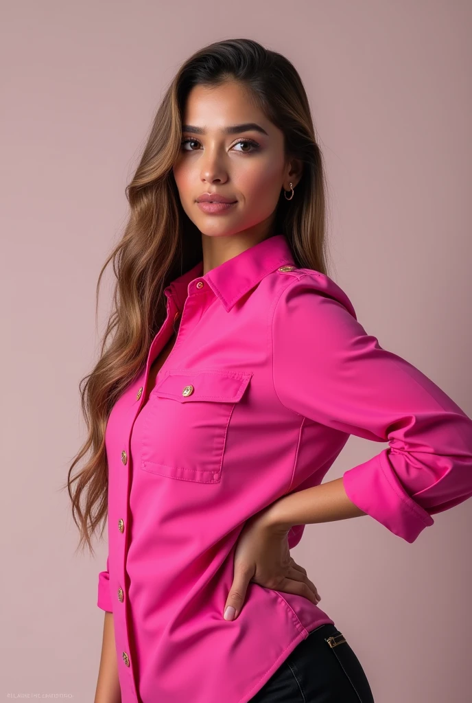 Beautiful woman wearing a pink shirt, analog photograph, professional fashion photoshoot, hyperrealistic, masterpiece, trending on artstation,krrrsty  Leaning slightly to the side with her hand on her hip, the model looks directly at the camera, radiating confidence and poise.
