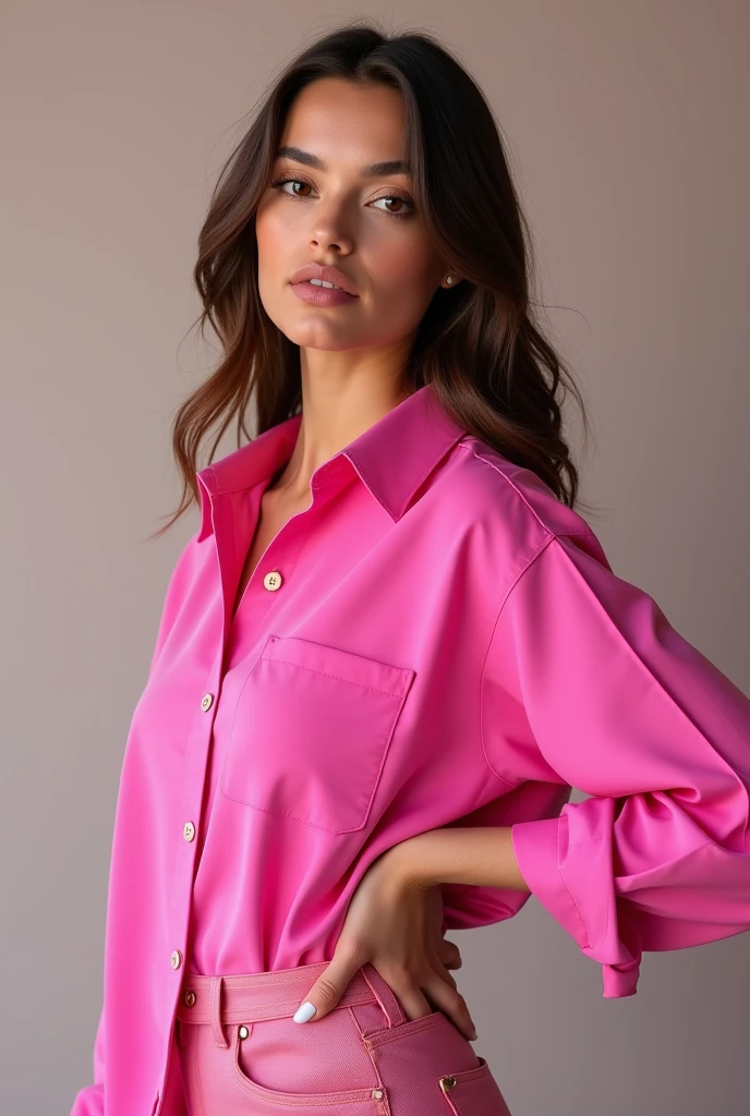 Beautiful woman wearing a pink shirt, analog photograph, professional fashion photoshoot, hyperrealistic, masterpiece, trending on artstation,krrrsty  Leaning slightly to the side with her hand on her hip, the model looks directly at the camera, radiating confidence and poise.