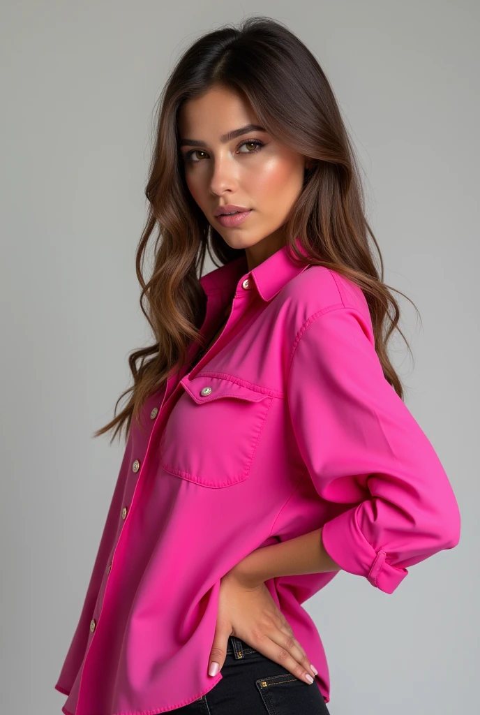 Beautiful woman wearing a pink shirt, analog photograph, professional fashion photoshoot, hyperrealistic, masterpiece, trending on artstation,krrrsty Leaning slightly to the side with her hand on her hip, the model looks directly at the camera, radiating confidence and poise.