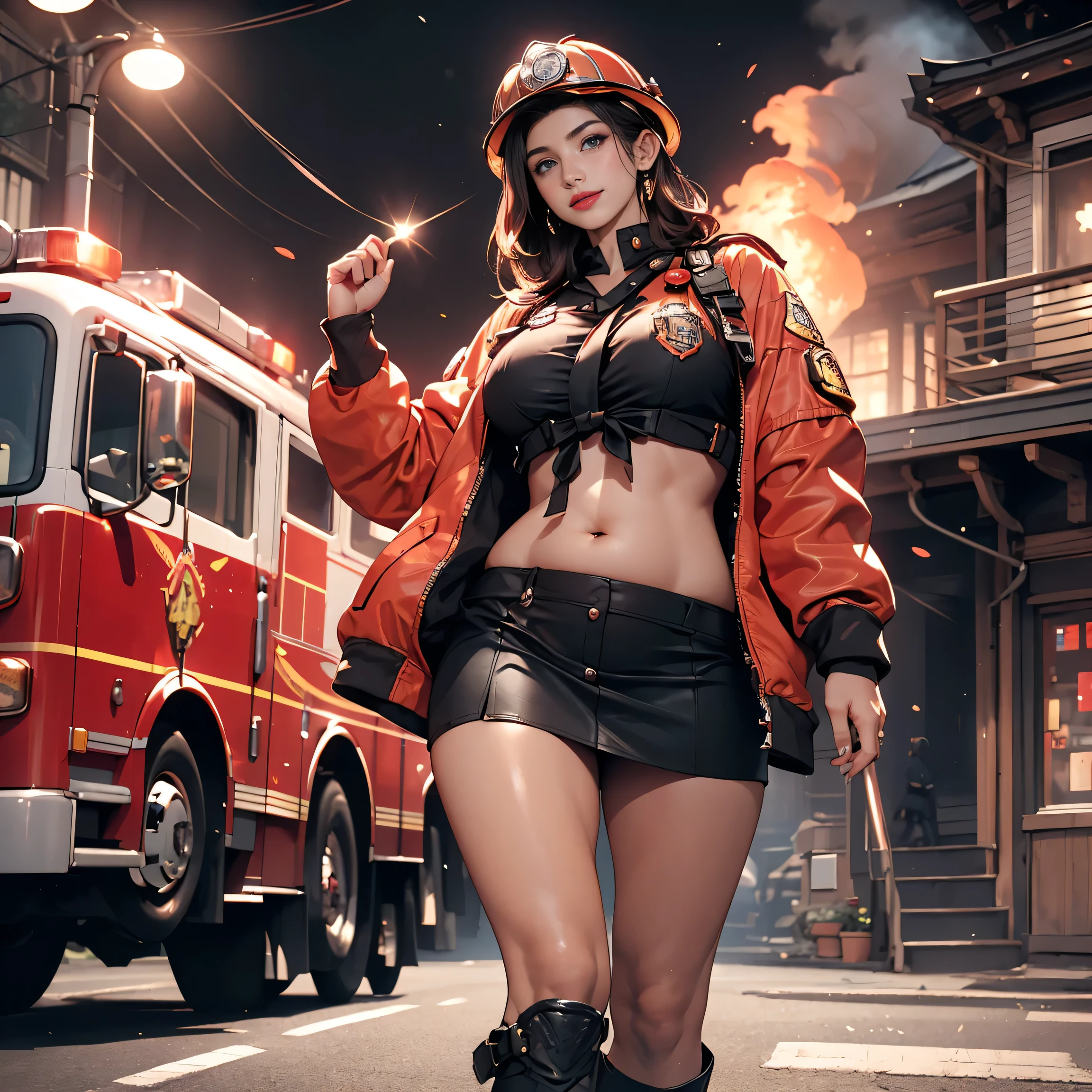 (((1 woman in frame), Pretty Caucasian (female), Sarah Shahi, a slim but muscular body, huge breasts)), ((bright red lipstick)), ((seductive smile)) ((big bright blue eyes looking towards the viewer)) ((short tied dark brown hair)), Ultra realistic 8K, flawless, tall,(Red Lip, Heavy makeup), Earring、Standing with firetruck、Nikon Z 85mm, ((Best Quality)) ,((masterpiece)), intricate details, Extremely delicate and beautiful, ((black fireman uniform:1.6, ((exposed belly button))、black Ultra micro miniskirt(( very very micro))、black firefighter helmet、firefighter boots、((beautifull exposed long thighs))、)):1.0、(Full body shot:1.0、Sexy look, standing pose、NSFW:1.0, building on fire background, evening, ((view from straight eye line))、