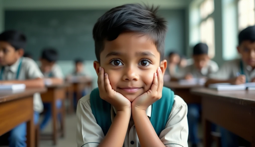 "A young boy, wearing a light-colored school uniform and a teal backpack, is in the foreground. Her chin rests on her hands, and she looks directly at the viewer with large, expressive eyes. The background is a classroom scene with other children seated at desks, reading books, and wearing school uniforms, but this background is slightly blurred and in grayscale, emphasizing the girl in the foreground Indian environment and real picture