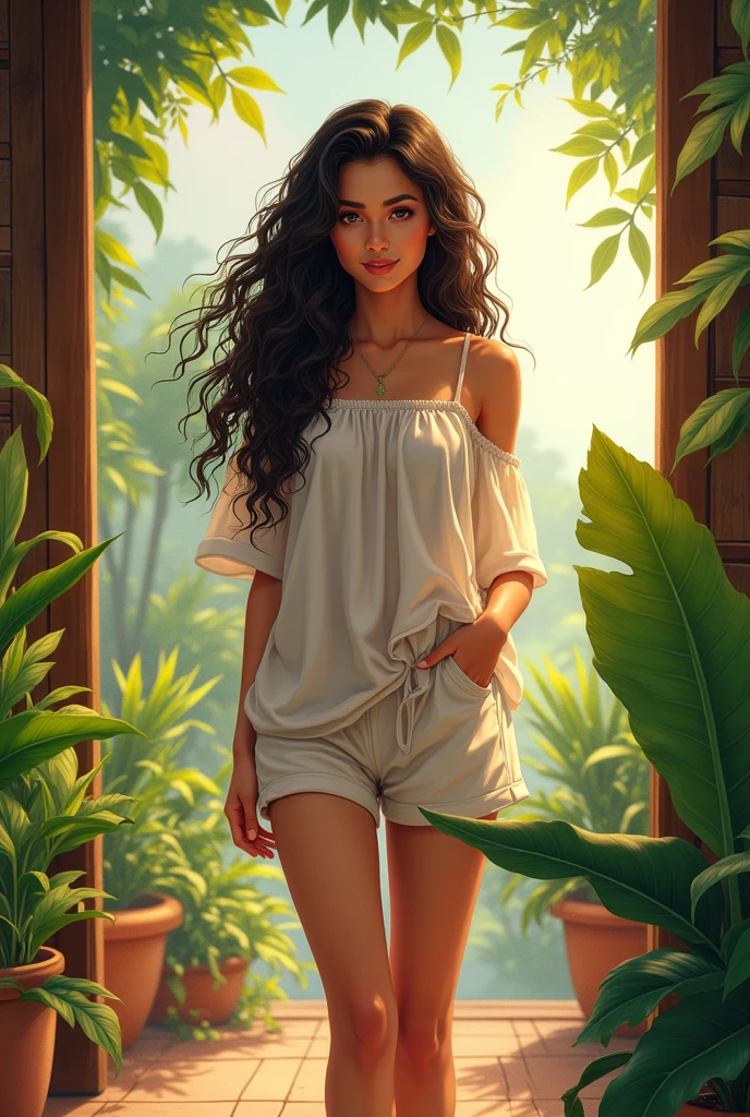 Sri Lankan sinhala style, rural woman, standing on garden, wearing loose off-shoulder top, pajama short, long curly hair, indoors and outdoor mix, soft lighting, plants in background, sky with sunlight, realistic, intricate details, warm colors, anime style
