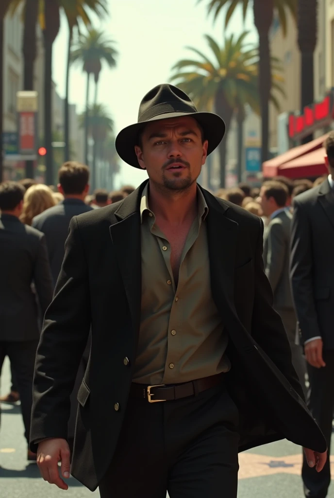 a movie star similar to Leonarfo Di Caprio in hat walking on Hollywood Walk of Fame suddenly got scared as if I saw something scary