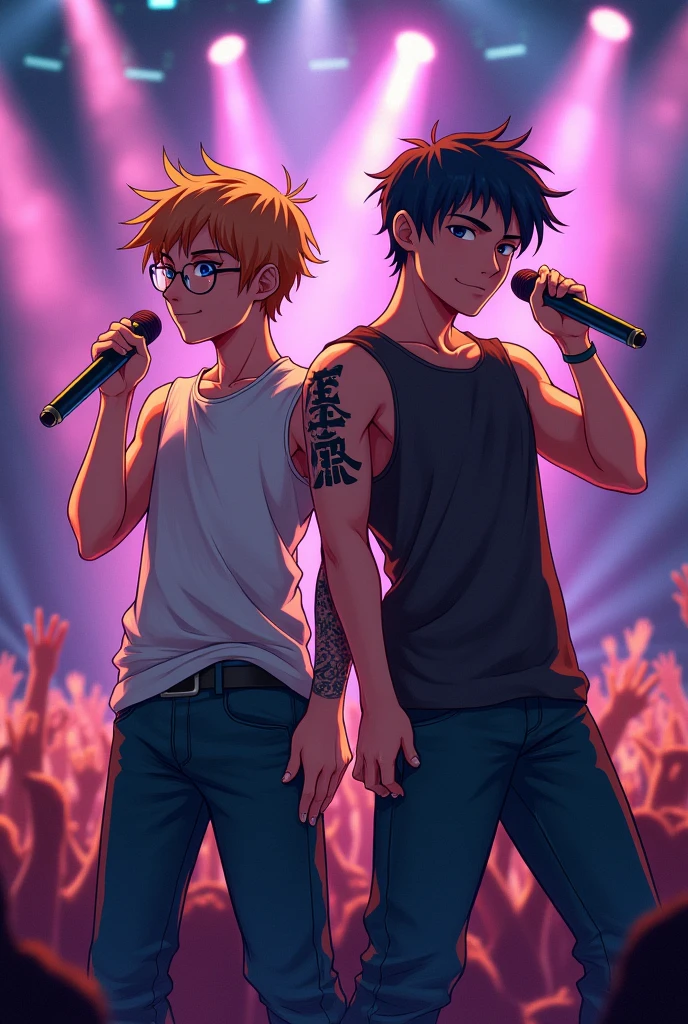 Cover of two age singers in concert, one boy with glasses, the other boy with a cap, muscular and with a tattoo of a samurai on his forearm