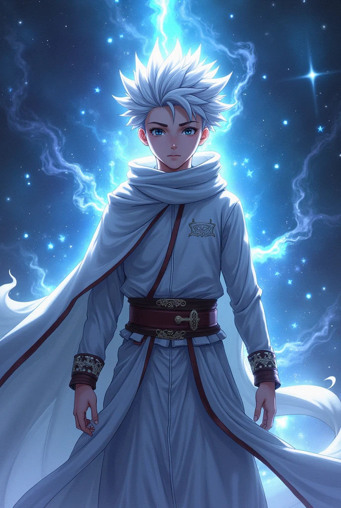 Generate a most powerful Muslim boy anime character with powerful aura in galaxy with white hair