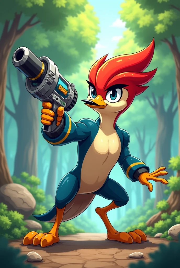 An anime woodpecker with a drill shaped like a gun