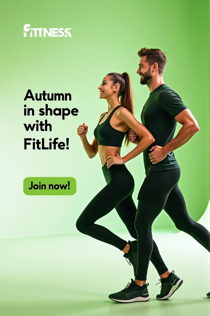 Brand colors: green and white.
The text on the banner: "Autumn in shape with FitLife! Join now!"
Additionally: the banner should depict a happy, energetic young couple in sportswear doing sports