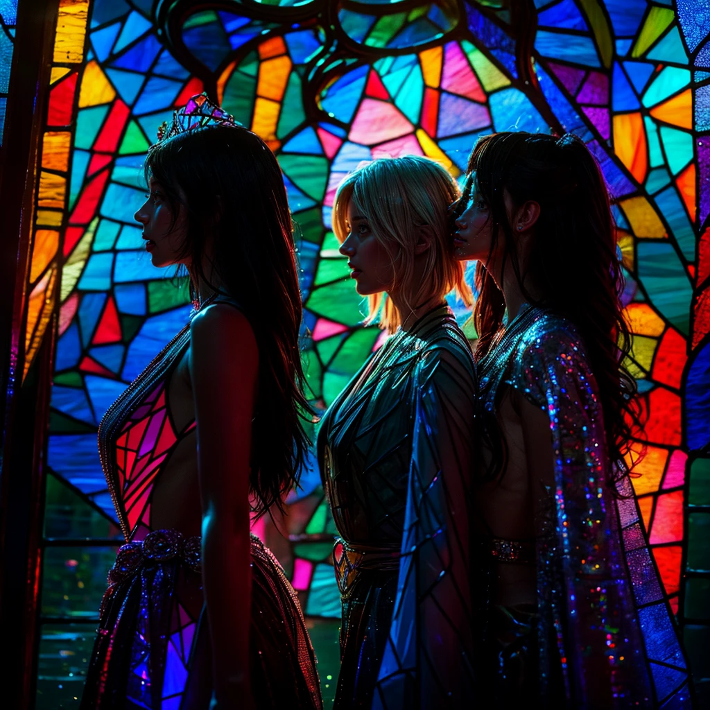 (Graceful Full Body of Extremely Detailed((Sexy Princesses Group in a row:1.37))), KAWAII perfect face with Reflective Eyes, Detailed(Delicate Clothing textures), Correct Graceful Legs, Dynamic Joyful Expressions LifeLike Rendering, Specular Reflection of mirrored floor, TopQuality 8K Ultra-detailed masterpiece (ProfessionalPhoto:1.37), (Acutance:0.8), (Luminism:1.28), (((in Stained glasshouse))) (((Colorful Rays illuminates Faces from Elaborate Stainedglass:1.4))), (Full body from side) {Kissing Face to Face|Cute Peach AssFocus|(NakedApron with (Overflowing Sideboob))}, Radiant Fine Skin with Transparency, (Exposed:0.4) {Pink Hair|LightBlue Hair|Blonde|Pure White Hair|Liquid Hair|Red Shoes}, (Perfect Lighting), Renaissance art style, 