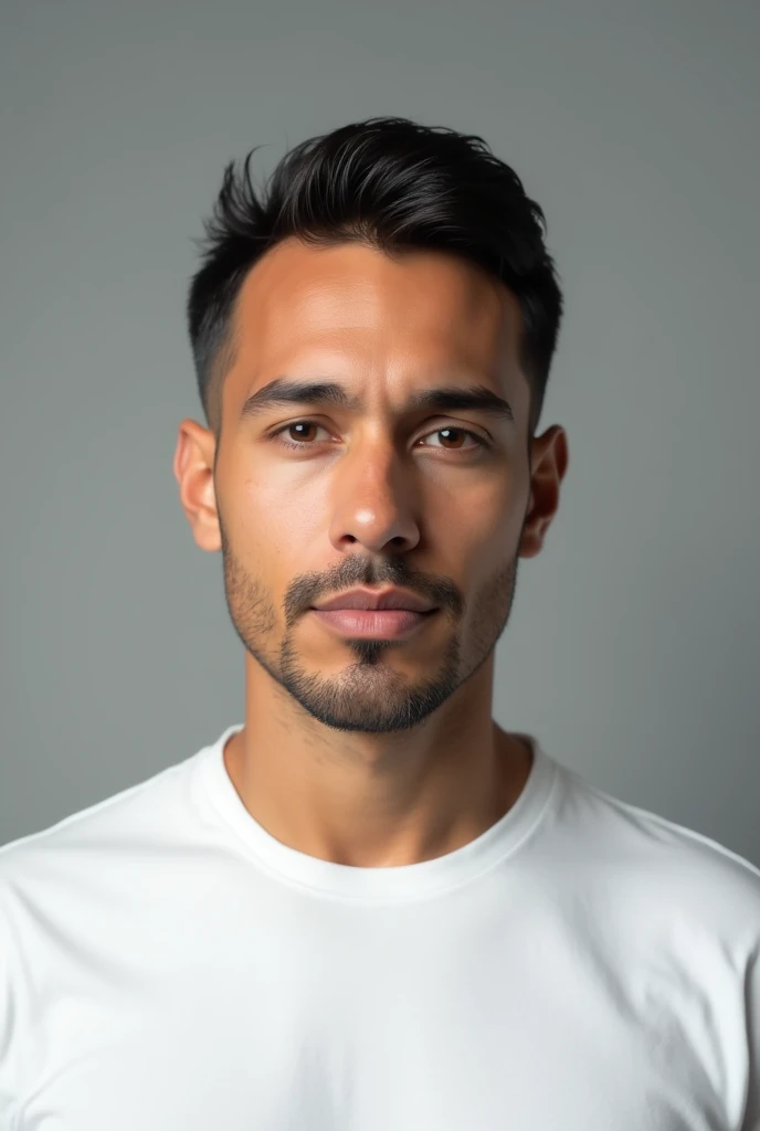 ((Hispanic man)), (Photo: 1.3) from (Photorealism: 1.3), frontal Close-up, soft light, clear face, business, warm light, white t-shirt, (gray and white background), (blank background), (gray wall background) avatar, (short hair), short hair, ((man)), (Closeup)