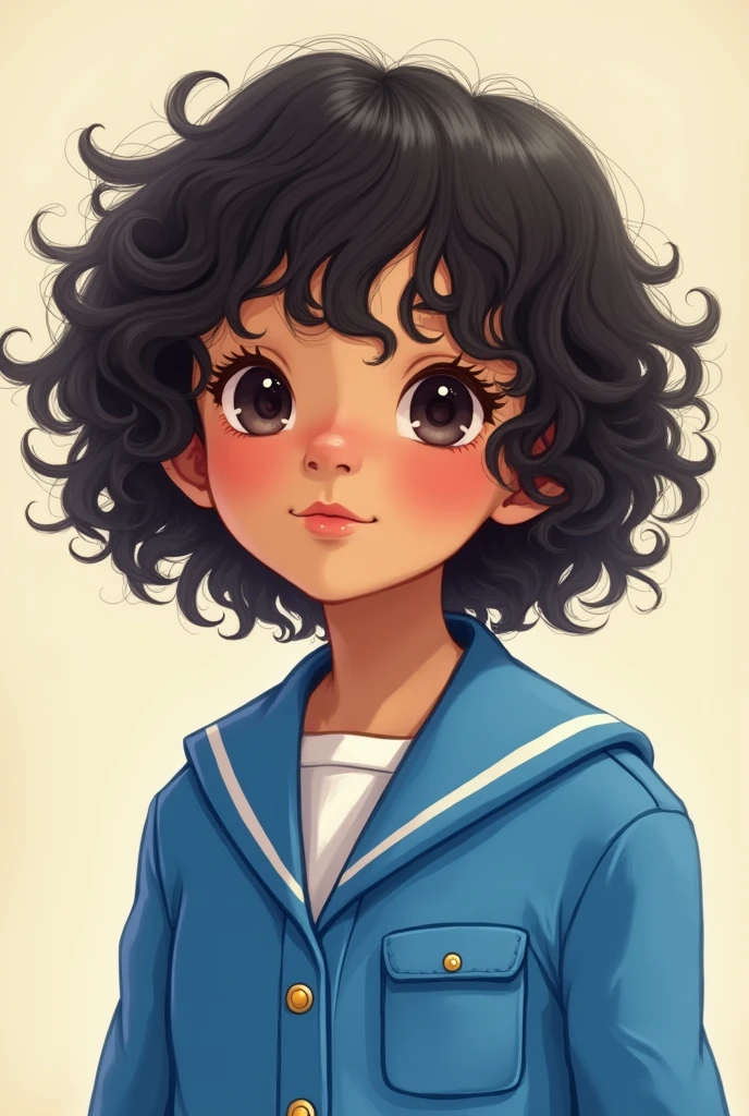 A cute girl in blue uniform with a little dark face and curly hair