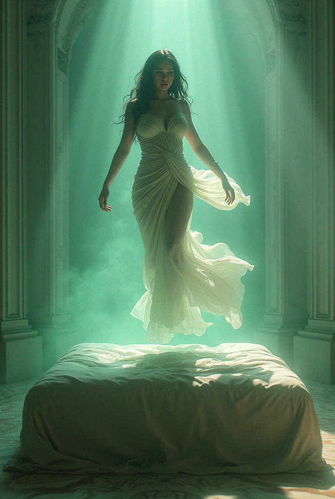 ((masterpiece, Highest quality, Best image quality, High resolution, Realistic, RAW Photos, 8k)), ((Highly detailed CG synthesis 8k wallpaper)), (Huge and stunning goddess shot, Very hot and sexy, Incredible beauty, Perfect Proportions, Beautiful body, Slim body beauty:1.4), The body of a woman lying in bed floats up, floating in green light, seen from below,