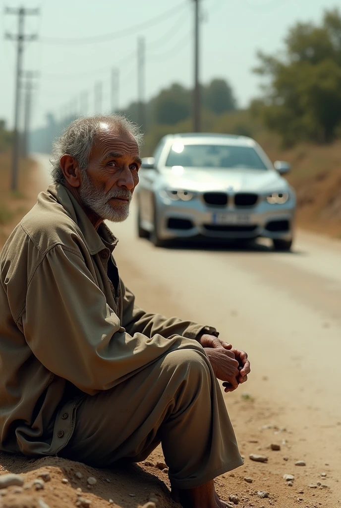 Old poor man sitting on a road and watching bmw car.