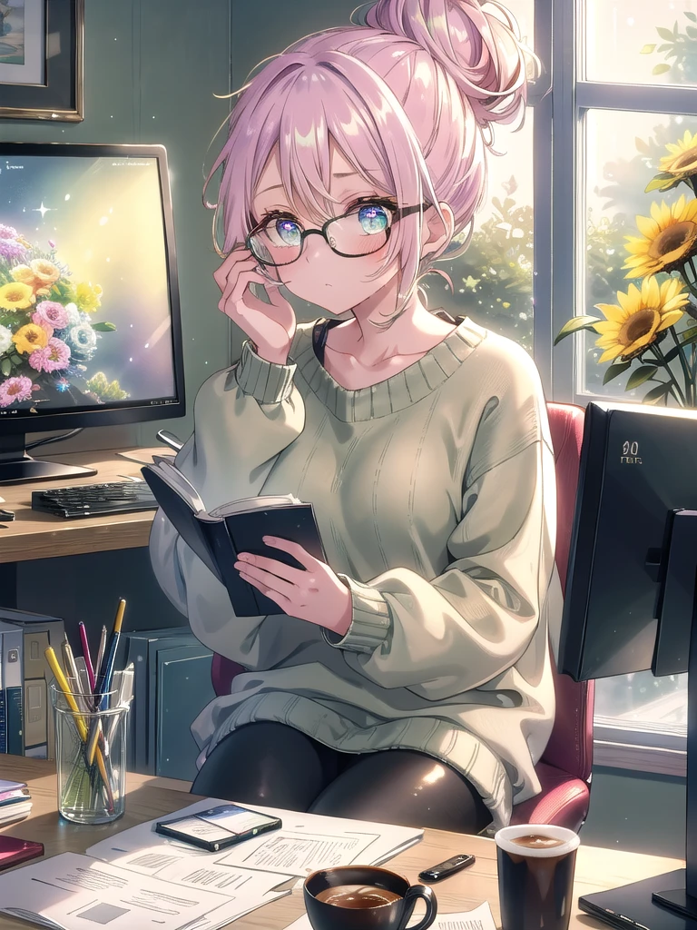 ((8k, Highest quality, masterpiece: 1.3)),Ultra-high resolution,(1 girl, alone), (Color changing eyes, Ultra-detailed, Expressive brilliance, Glitter, Glowing Eyes), Highly detailed eyes, Highly detailed face, Random Hair, ((pastel colour))The woman is seated at a large desk in her spacious home office, surrounded by paperwork and gadgets. The room is decorated with light-colored walls, a large abstract painting, and a window that offers a view of a garden with blooming flowers. Her desk is cluttered but organized, with a desktop computer, a stack of files, a coffee cup, and a desk lamp. There’s also a calendar, a family photo, and a few sticky notes on the monitor. She’s wearing a casual olive green sweater, black leggings, and comfortable slippers. Her hair is tied back in a messy bun, and she’s wearing reading glasses. She looks at the camera with a slightly frazzled but determined expression, capturing the essence of a busy work-from-home day.