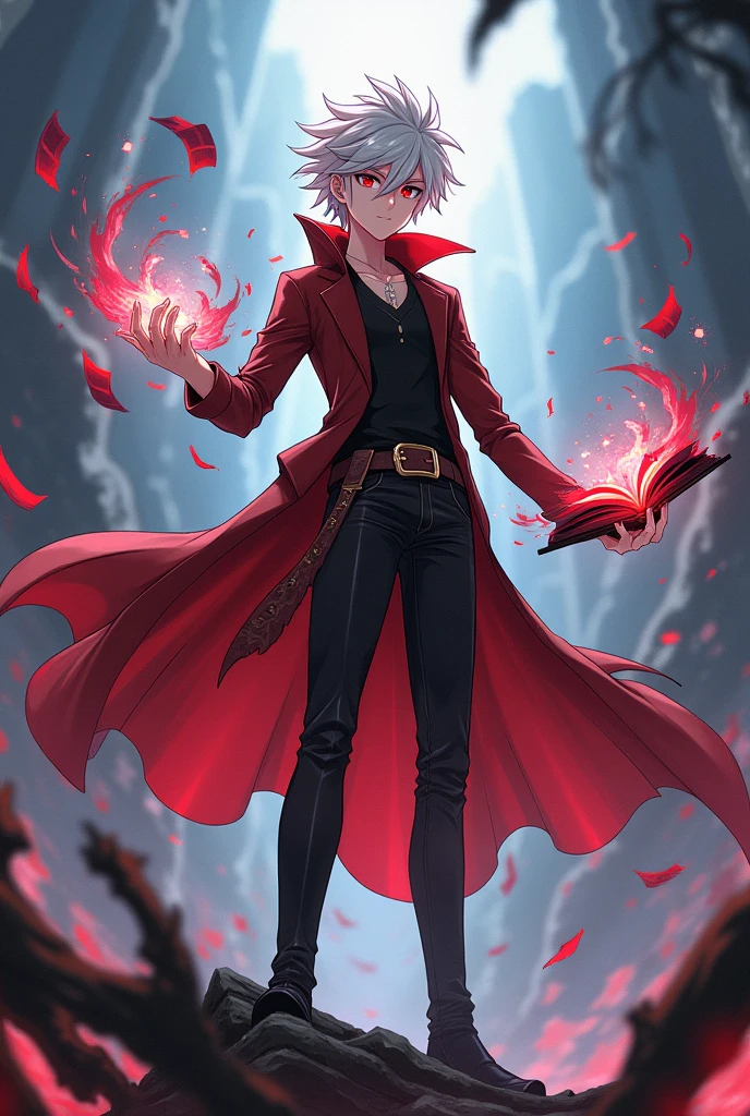 Inspired by the anime and manga black clover: Young male ager aged 17, White hair, Red eyes, black set like a long coat simulating holding a "grimorio", This grimoire would actually be a set of magical pages piled up floating to simulate the shape of a grimoire without a cover or lid., Likewise the young man would be pretending to hold the "grimorio" floating from those magical leaves