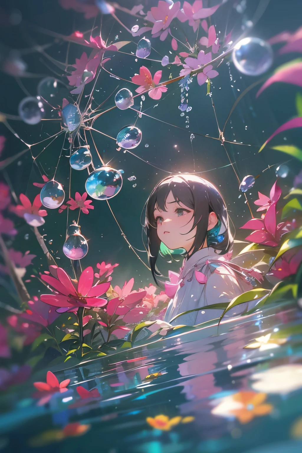 (Surreal world)、The Microscopic World , Tabletop , Macro photography , Spider web, Film Grain, Bokeh , cigarette , 非常にdetailedな, Bright sunny weather, Micro Flower, drop, Blurry, waterdrop,shine, water,colorful,Dramatic lighting, Photographic realism, Botanical illustration、Flower Spirit Girl、Full of flowers、Soft Contrast, Octane Rendering , Unreal Engine、4K, Depth of written boundary, High resolution、(Highest quality、detailed、masterpiece)、