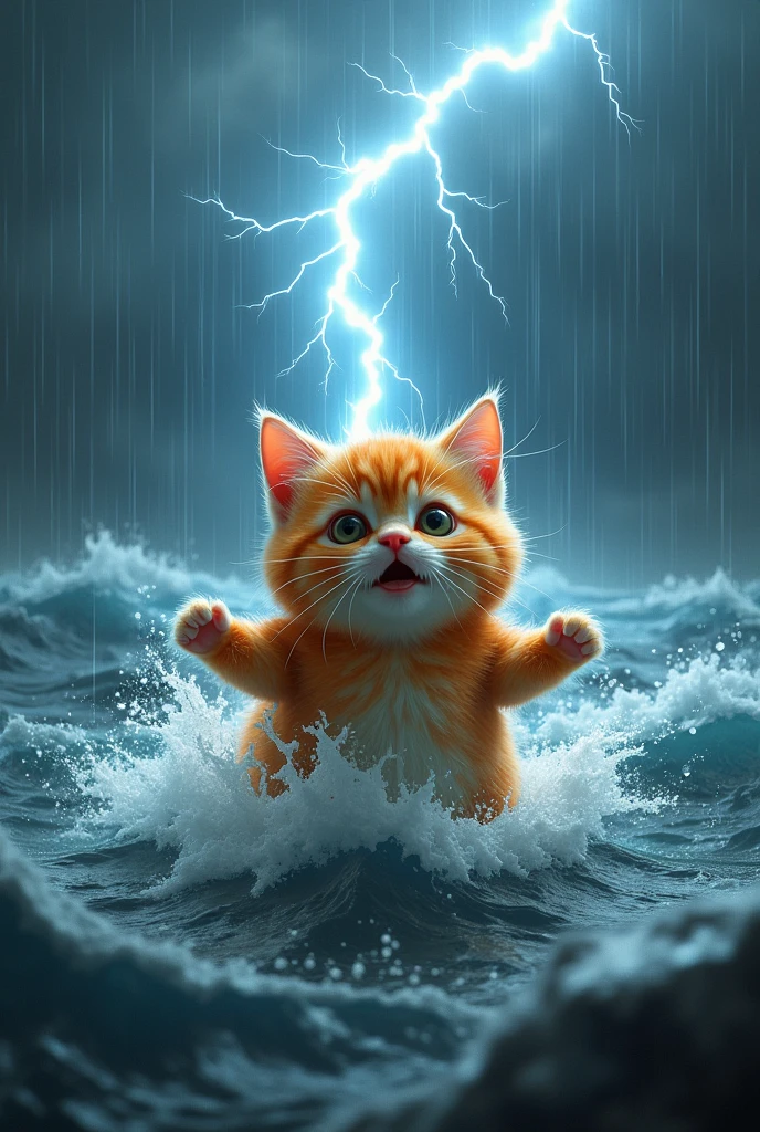 An orange chubby kitten hit by a lightning all over his body, shocked face, stormy and wavy ocean, rainy and windy