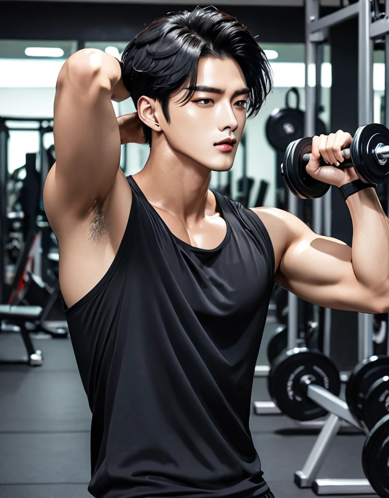 handsome korean man. fashion model, black hair. He look like kpop singers. He is now in the gym room. Doing work out with sweat.