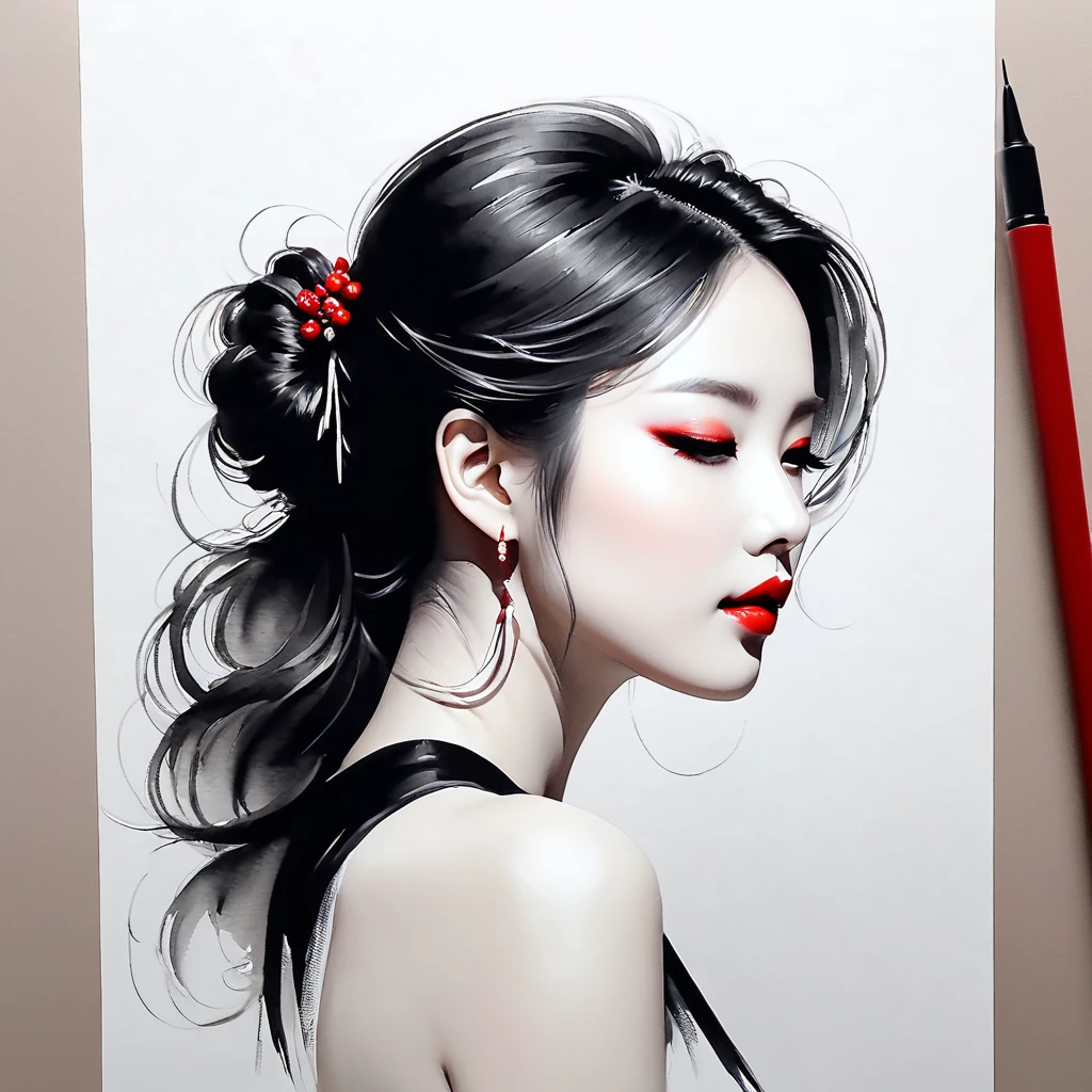 elegant maiden，black andwhite水墨画，pen sketch drawing，loose brushwork，Pen outlines delicate lines，Fluid action，Subtle shades of paint，elegant posture，A peaceful expression，Delicate facial features，black andwhite，to clean, small red color.