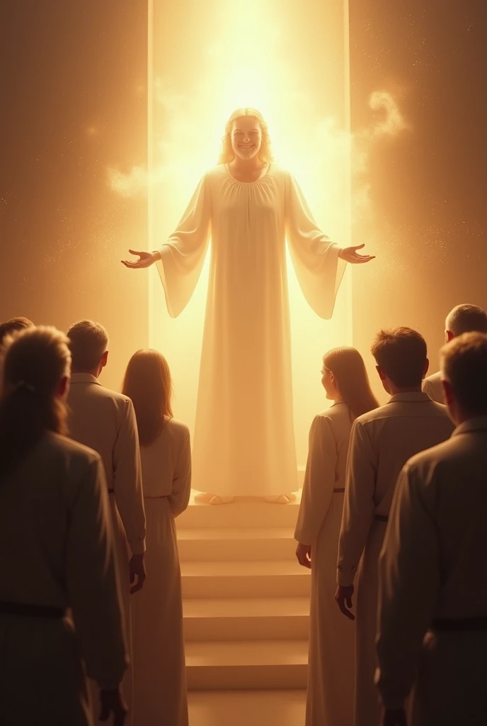 Create a high-definition image showing several people receiving the divine grace of winning cases in court. People must be expressing relief and joy, with smiles of gratitude and hope. In the center of the scene, a representative figure of a divine entity or a spiritual symbol must be blessing people, transmitting an aura of light and peace. The background should include elements that suggest a judicial environment, like a court or a law firm, but with a heavenly and serene touch. Add subtle details of divine light and refined textures to highlight the importance and grace of the moment..