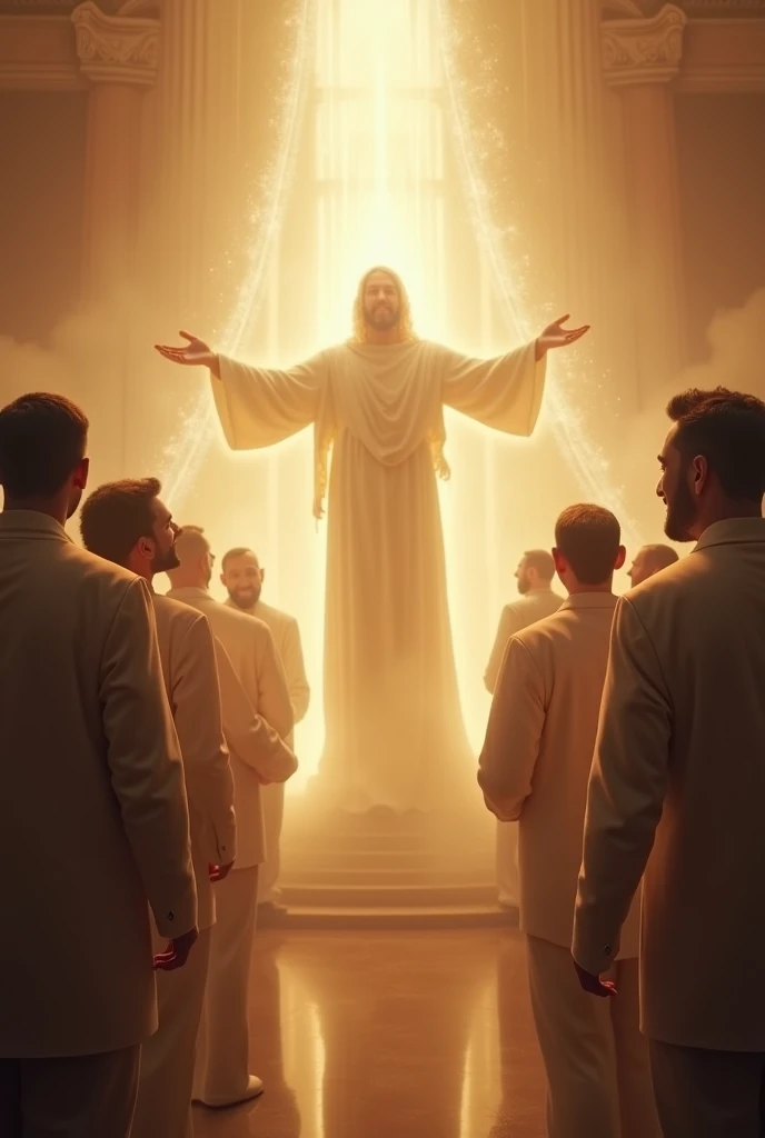 Create a high-definition image showing several people receiving the divine grace of winning cases in court. People must be expressing relief and joy, with smiles of gratitude and hope. In the center of the scene, a representative figure of a divine entity or a spiritual symbol must be blessing people, transmitting an aura of light and peace. The background should include elements that suggest a judicial environment, like a court or a law firm, but with a heavenly and serene touch. Add subtle details of divine light and refined textures to highlight the importance and grace of the moment..