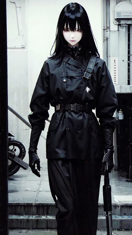 Black Hair、Cold look:1.5、Japanese woman in her 30s、Dark Background、One Cool Lady:1.5、night、whole photo、Dark Eyes、Black gloves、Ominous Machine Lifeform、Nihil、Half of his body is made of machinery、Mechanical Man:1.5、Modern clothing:、Creepy、Scary atmosphere