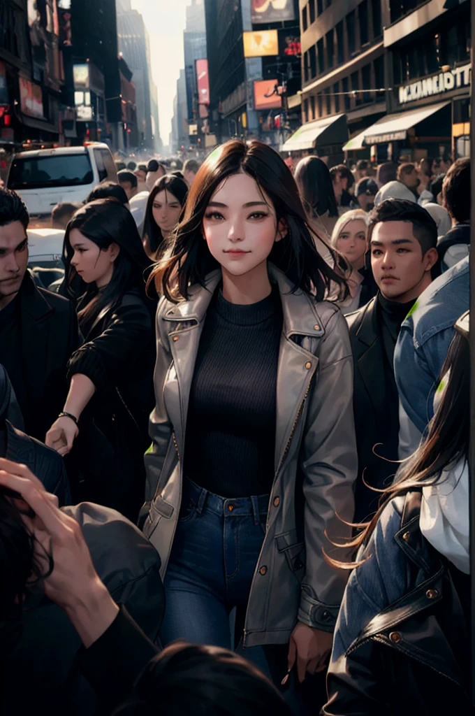 stunningly beautiful young woman,surrounded,crowd,people,chaos,surprised,backlight,contrast,New York street,fashion,jeans,jacket,sweater,High resolution, Highest quality, High detail, Ultra high definition, smile,
