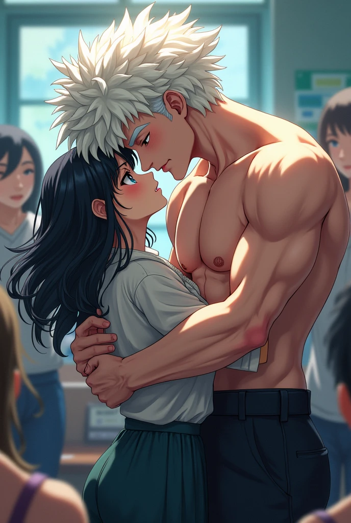 anime character, White hair, afro curly hair, pale skin, bright blue eyes, Long white eyelashes, male, tall, big glossy lips, classroom, grey eyebrows, muscle kissing brown short haired female student, crowd