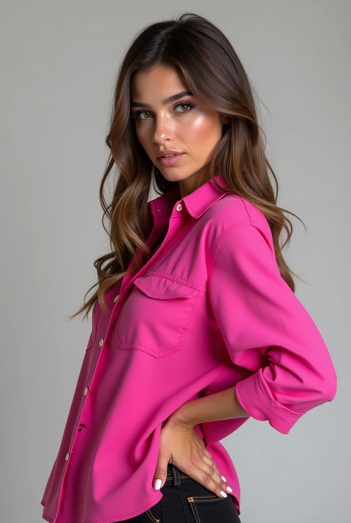 Beautiful woman wearing a pink shirt, analog photograph, professional fashion photoshoot, hyperrealistic, masterpiece, trending on artstation,krrrsty Leaning slightly to the side with her hand on her hip, the model looks directly at the camera, radiating confidence and poise.