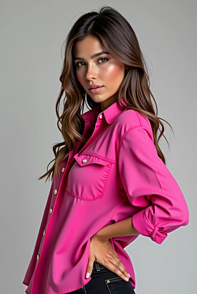 Beautiful woman wearing a pink shirt, analog photograph, professional fashion photoshoot, hyperrealistic, masterpiece, trending on artstation,krrrsty Leaning slightly to the side with her hand on her hip, the model looks directly at the camera, radiating confidence and poise.