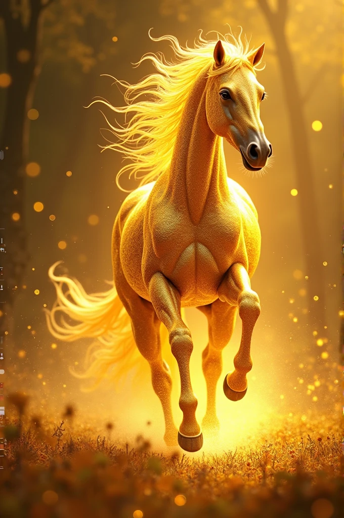 黃金horse 有著明亮的金色鬃毛在跑道上奔跑著, golden hoof, 美麗的horse, gold forged and fantasy, Gorgeous digital art,golden digital art, amazing wallpapers, horse, gold art style, Beautiful digital artwork, High quality HD digital art, Stunning digital art, Holographic creatures, Beautiful digital art, Stunning digital art, Golden exterior line and golden light color