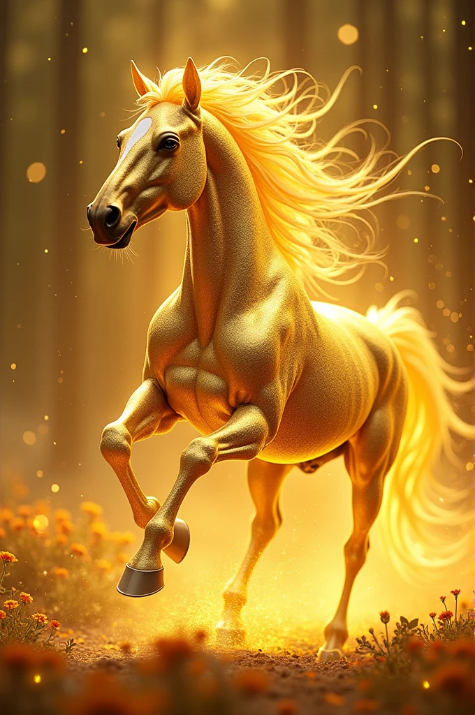 黃金horse 有著明亮的金色鬃毛在跑道上奔跑著, golden hoof, 美麗的horse, gold forged and fantasy, Gorgeous digital art,golden digital art, amazing wallpapers, horse, gold art style, Beautiful digital artwork, High quality HD digital art, Stunning digital art, Holographic creatures, Beautiful digital art, Stunning digital art, Golden exterior line and golden light color