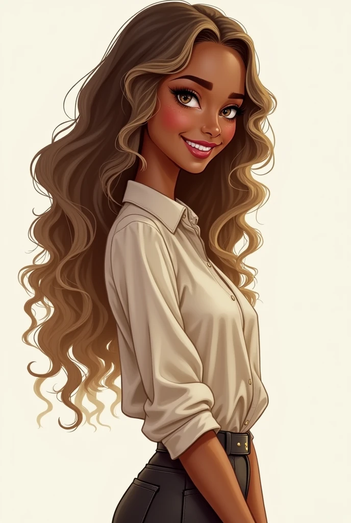 character, illustration, realistic profile, Tall young girl with dark brown skin, long curly hair, light brown with blonde highlights, light eyes dressed in pants and blouse and vintage European style shoes, smiling face, worker