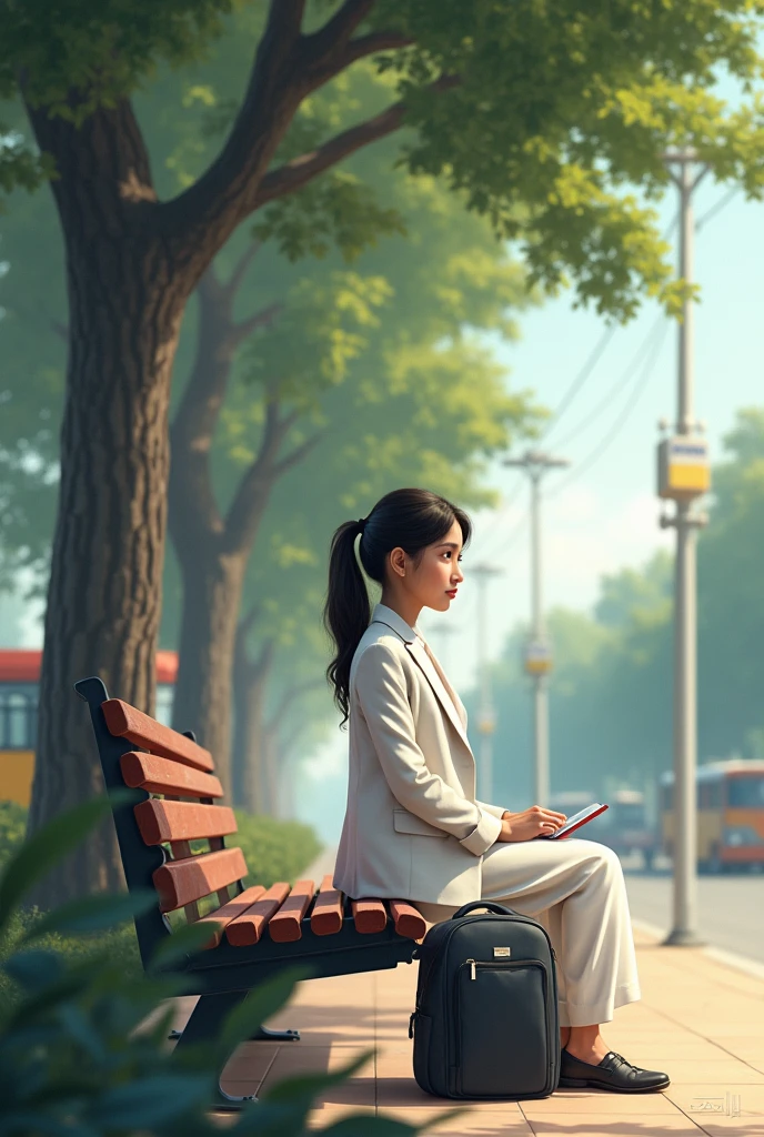 In pakistan A girl in a pony tail with her college bag and in her uneversity uniform white suit salwar sitting on a bench at bus station waiting for the bus . the place is not crowded and there are trees she has only one college bag for books