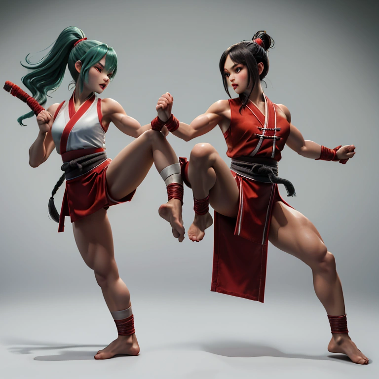 A fierce martial artist in a dynamic fighting stance, wearing traditional kung fu attire with a red sash, mid-air kick with powerful leg extension, intense facial expression,. emphasizing muscle definition and movement full standing pose, side style light green hairs, Character Sheet, 12 yo student, Full body, Simple white background, front pose character reference sheet, Concept art, design sheet