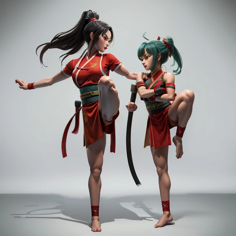 A fierce martial artist in a dynamic fighting stance, wearing traditional kung fu attire with a red sash, mid-air kick with powerful leg extension, intense facial expression,. emphasizing muscle definition and movement full standing pose, side style light green hairs, Character Sheet, , Full body, Simple white background, front pose character reference sheet, Concept art, design sheet