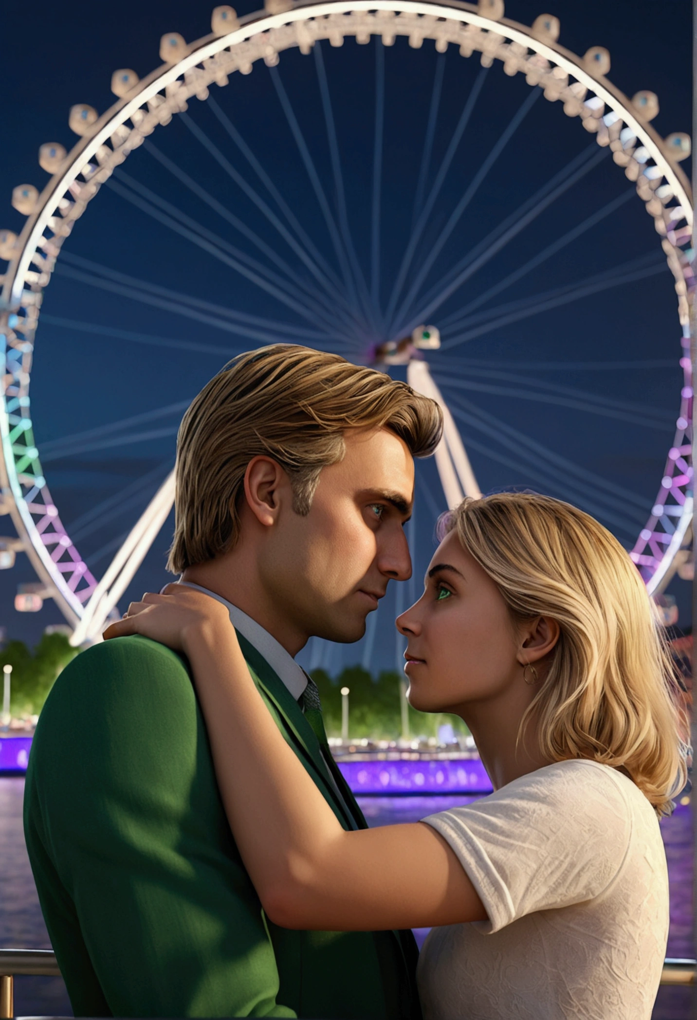 (photorealism:1.2), A couple hugging in front of the London Eye, taking a profile selfie man brown hair and eyes, blonde woman with green eyes 8k ultra realistic