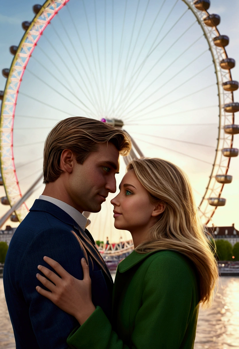 (photorealism:1.2), A couple hugging in front of the London Eye,  taking a profile selfie man brown hair and eyes, blonde woman with green eyes 8k ultra realistic