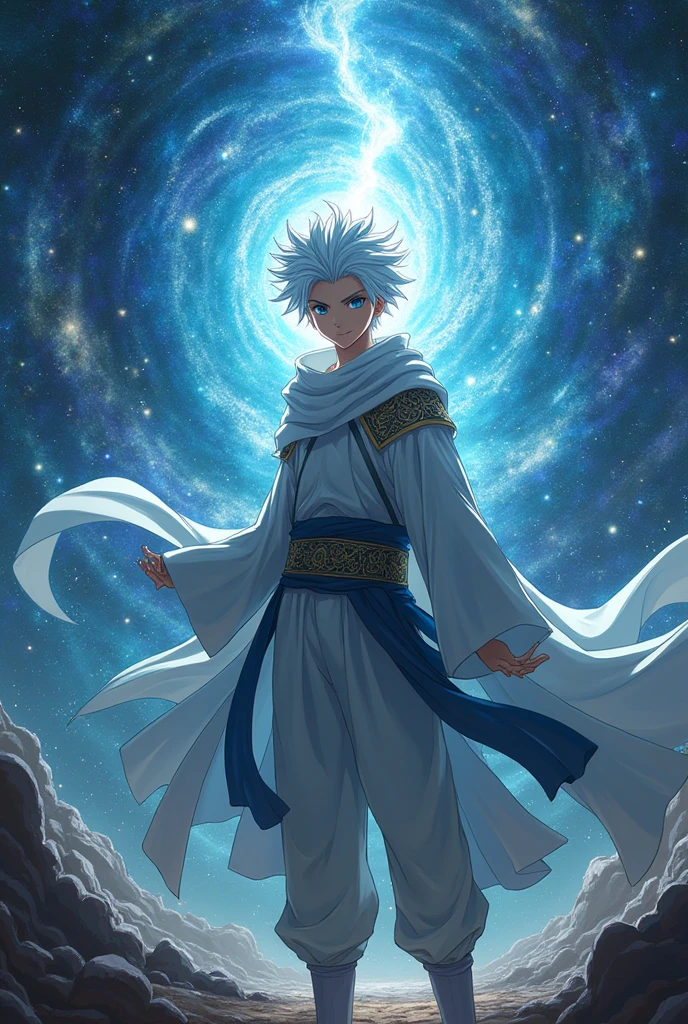 Generate a most powerful Muslim boy anime character with powerful aura in galaxy with white hair and or powerful 