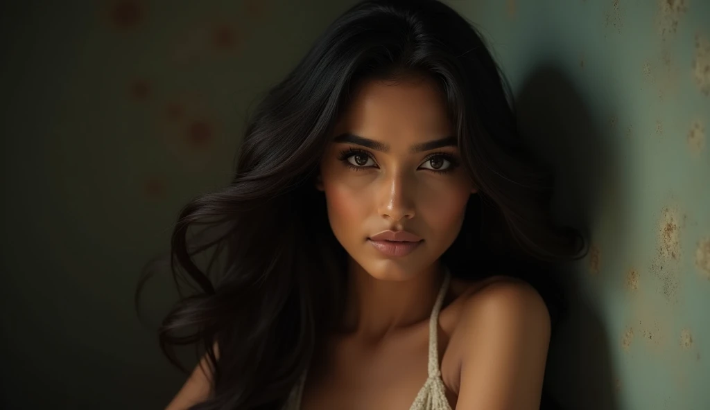 a beautiful mysterious Indian woman, Western fashion, intricate detailed face, piercing eyes, long eyelashes, delicate skin, natural beauty, flowing hair, candid elegant pose, dramatic lighting, cinematic mood, muted color palette, chiaroscuro lighting, high quality, photorealistic, 8k, intricate details, professional rendering